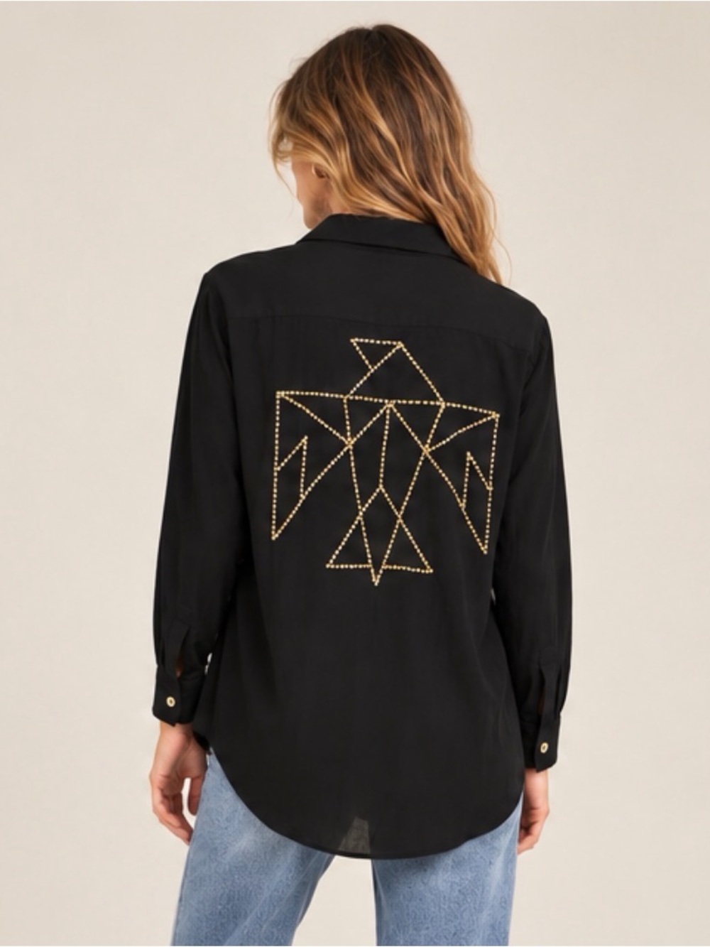 All Things Golden Hand Beaded Thunderbird Button Down Shirt Black S/M